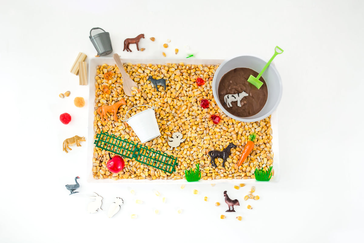 stay at home activity mom fall sensory tray farm-themed sensory tray with dried corn kernels and animal figurines