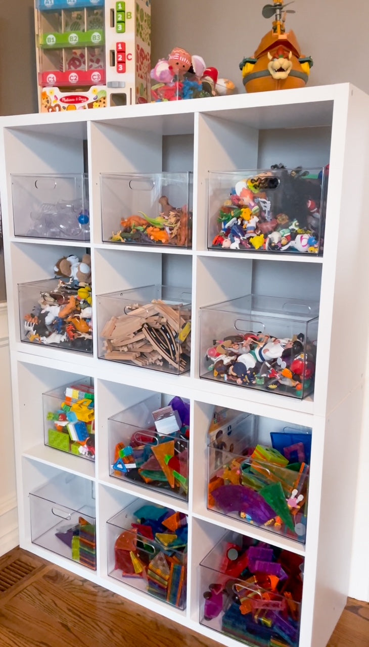 clear organizer bins for toys in a storage cube