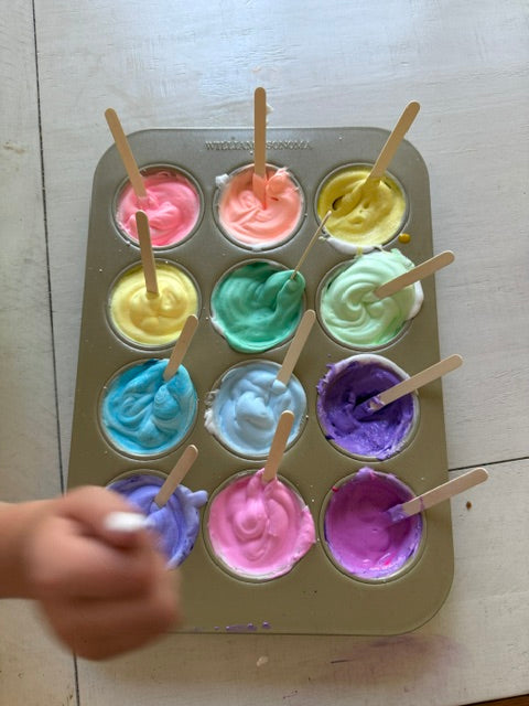 stay at home activity mom shaving cream painting summer art activity