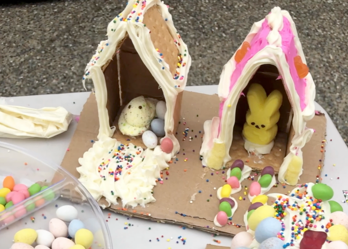 stay at home activity mom easter activity for kids graham cracker house with Peep marshmallows and frosting