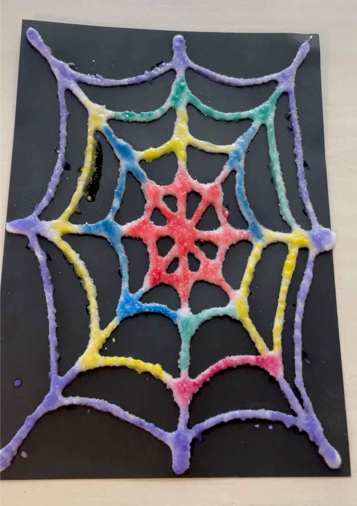 stay at home activity mom Halloween STEAM Activity Salt Painting Spider Web Process Art