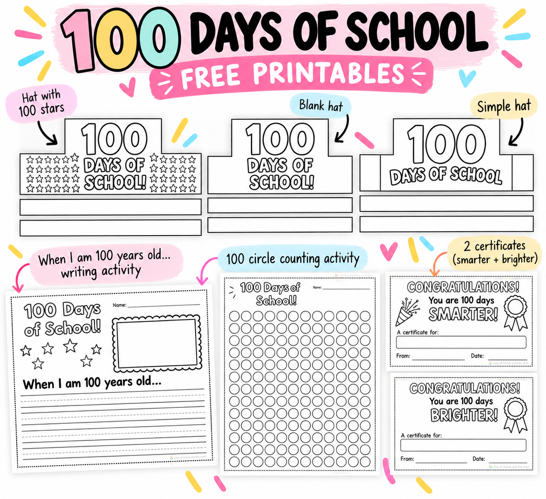 100 days of school free printables. hat. paper crown. writing and certificate