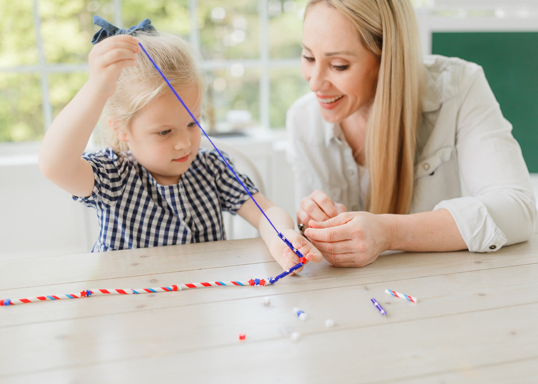 stay at home activity mom 4th of July activities for kids red white and blue necklace pattern craft